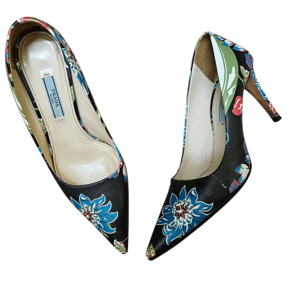 Prada Navy Floral Platform Heels Size 37 Or Size 6.5